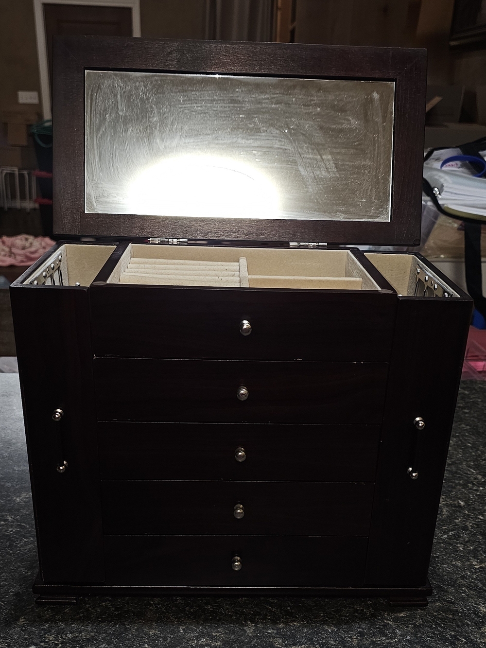 Antique Wood Jewelry Organizer Chest in Med Brown Finish - Picture 3 of 14